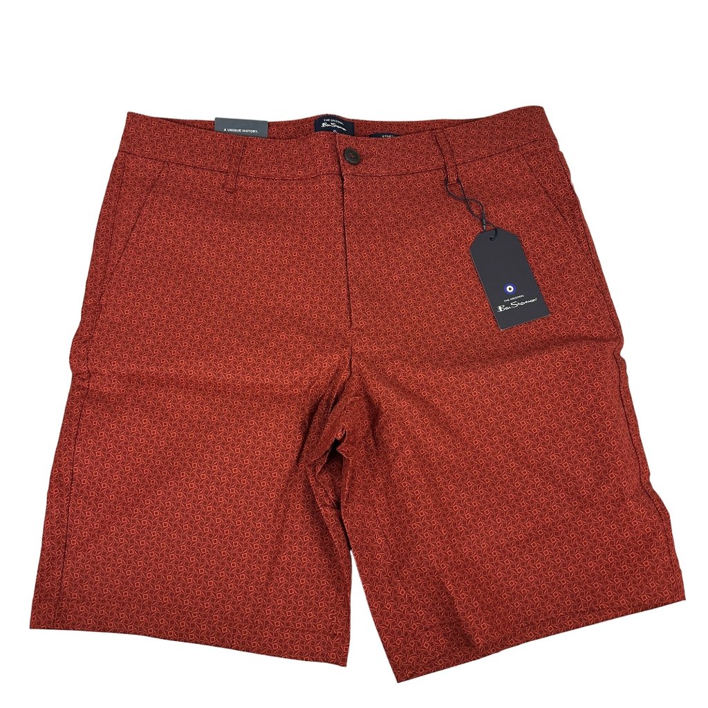Ben Sherman Mens Regular Fit Stretch Shorts Size 33w Rust Red Geometric Pattern